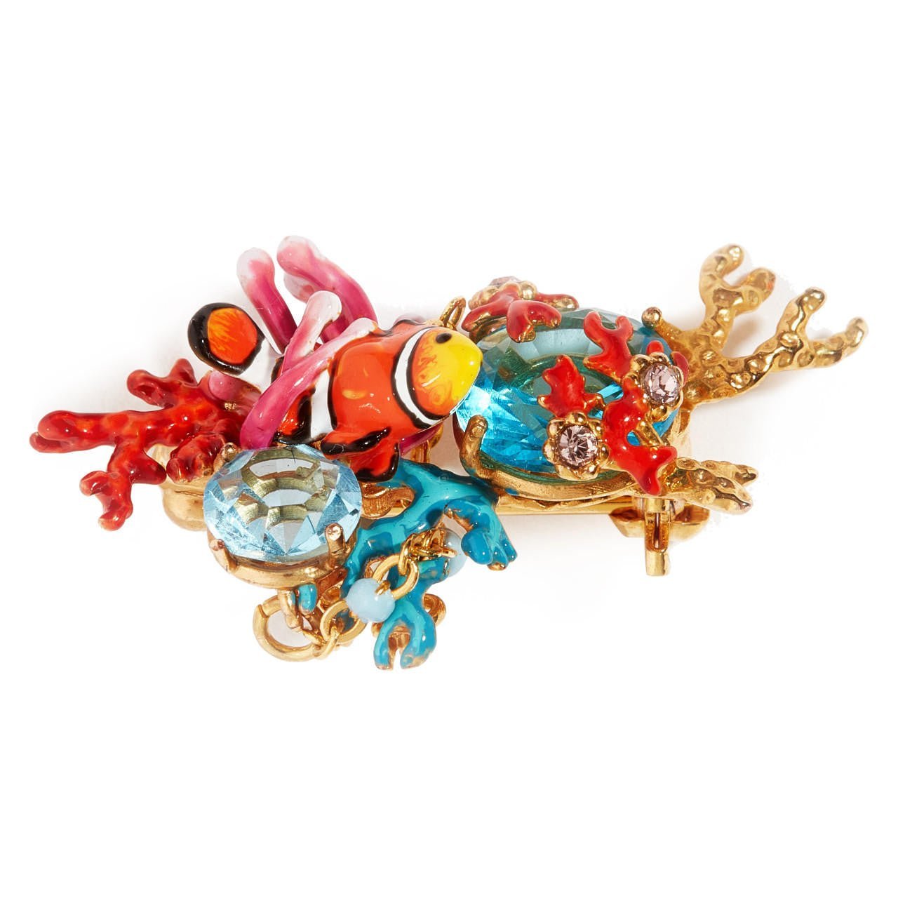 Clownfish, Anemones And Blue Faceted Crystal Stones Brooch | AOGL5011 - Les Nereides