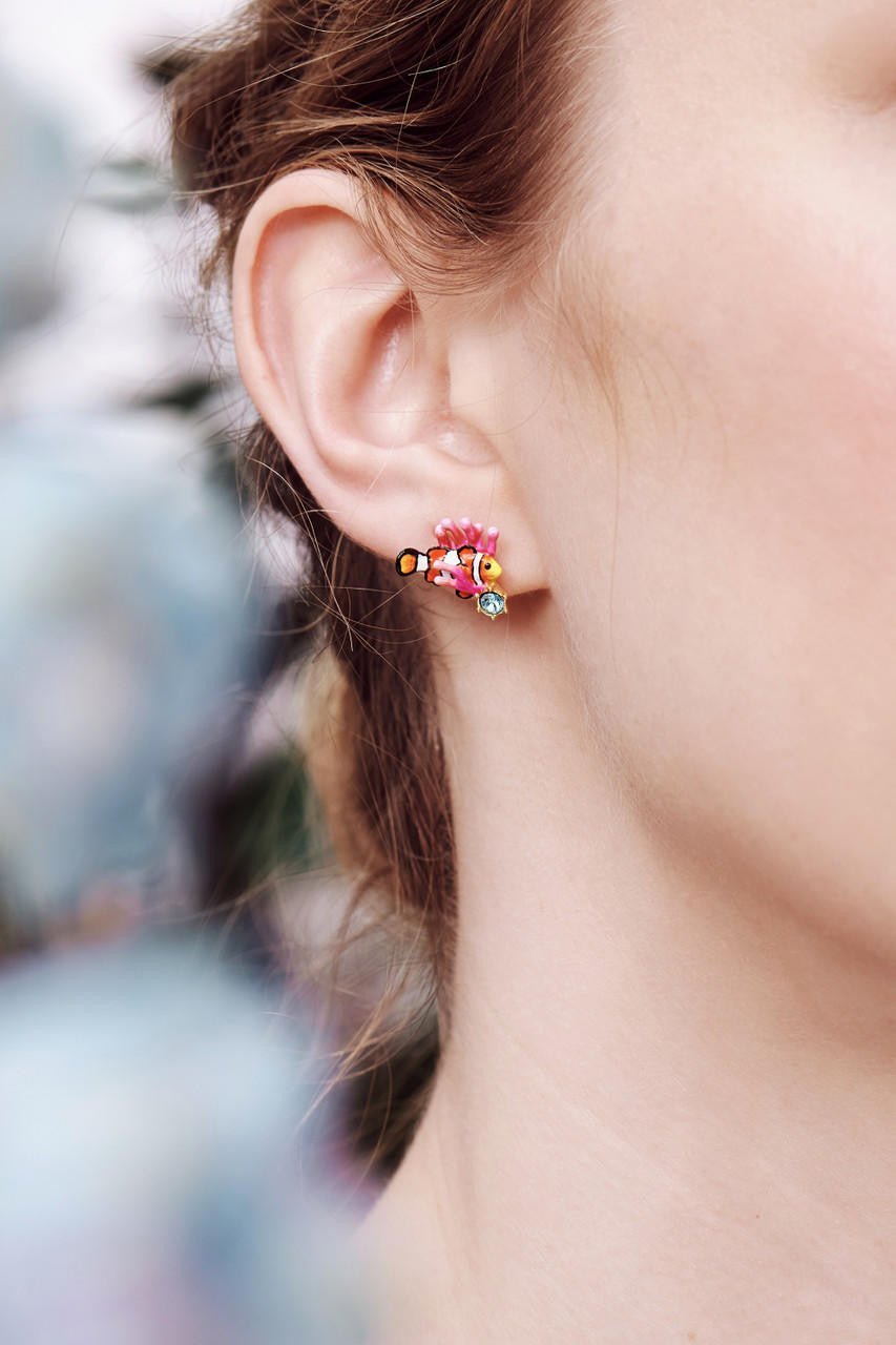 Clownfish, Pink Anemone And Light Blue Faceted Crystal Post Earrings | AOGL1011 - Les Nereides