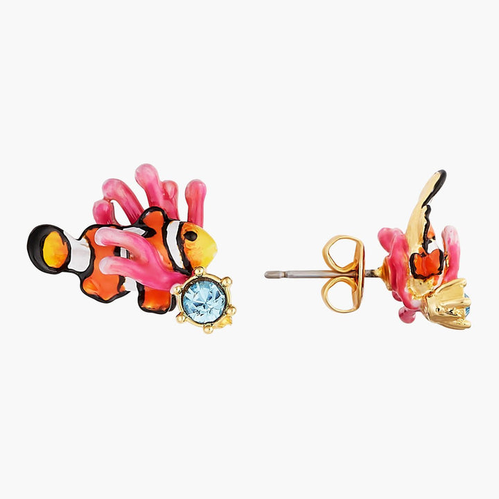 Clownfish, Pink Anemone And Light Blue Faceted Crystal Post Earrings | AOGL1011 - Les Nereides
