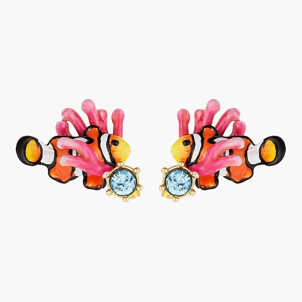 Clownfish, Pink Anemone And Light Blue Faceted Crystal Post Earrings | AOGL1011 - Les Nereides