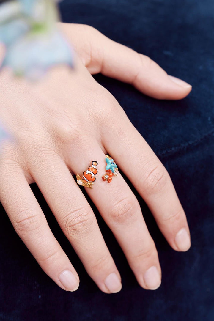 Coral, Clownfish And Blue Starfish Adjustable Ring | AOGL6011 - Les Nereides