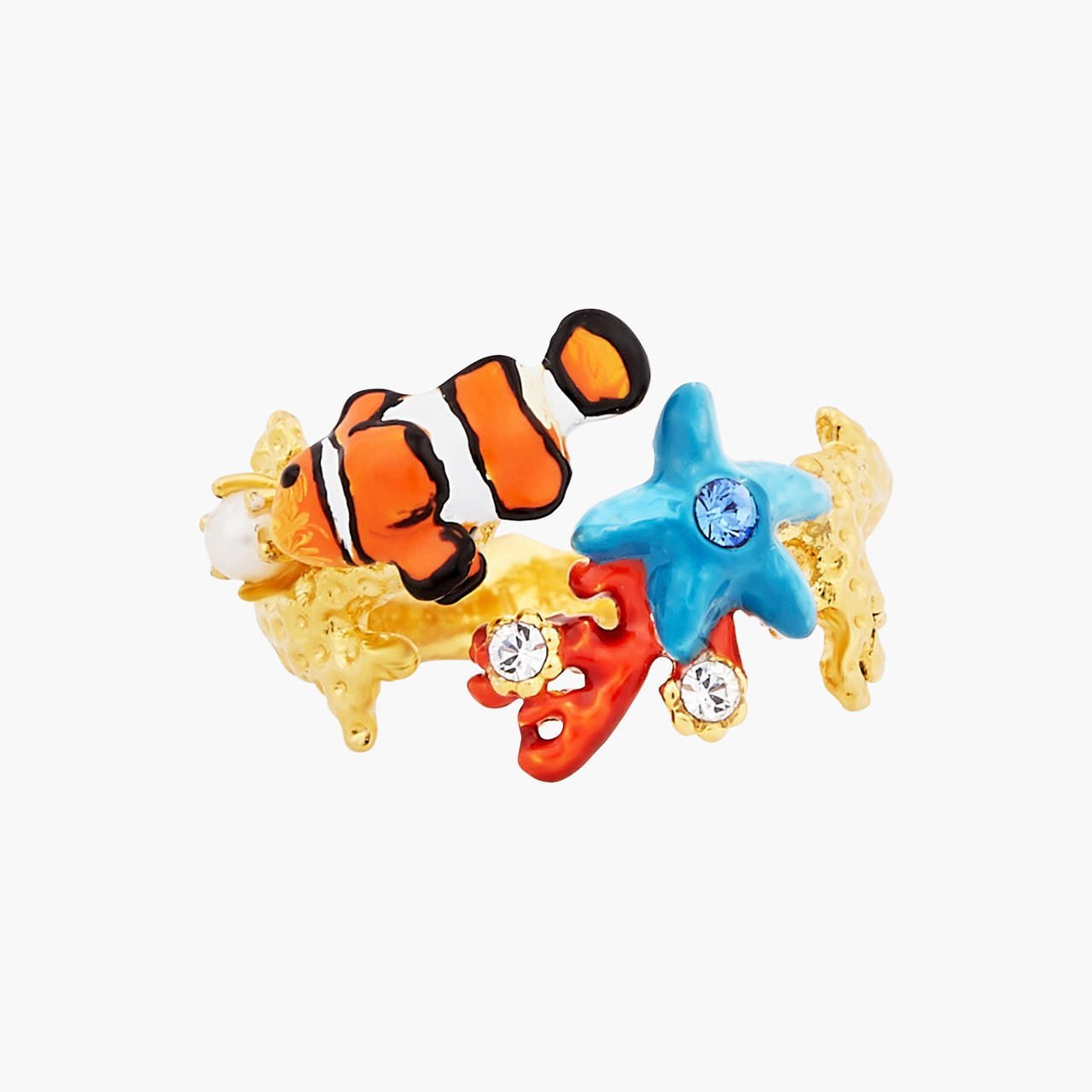 Coral, Clownfish And Blue Starfish Adjustable Ring | AOGL6011 - Les Nereides
