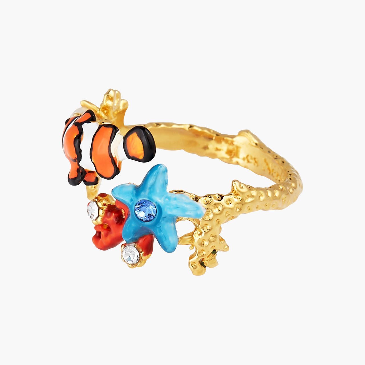 Coral, Clownfish And Blue Starfish Adjustable Ring | AOGL6011 - Les Nereides