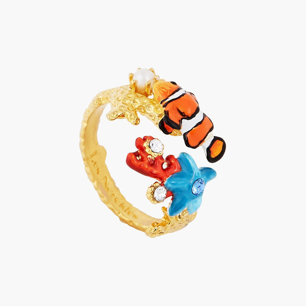 Coral, Clownfish And Blue Starfish Adjustable Ring | AOGL6011 - Les Nereides