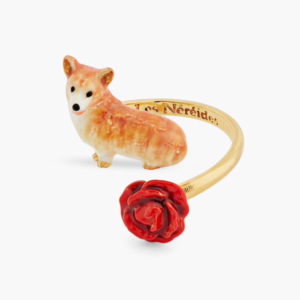 Corgi And Red Rose Adjustable Ring | ASLA6011 - Les Nereides