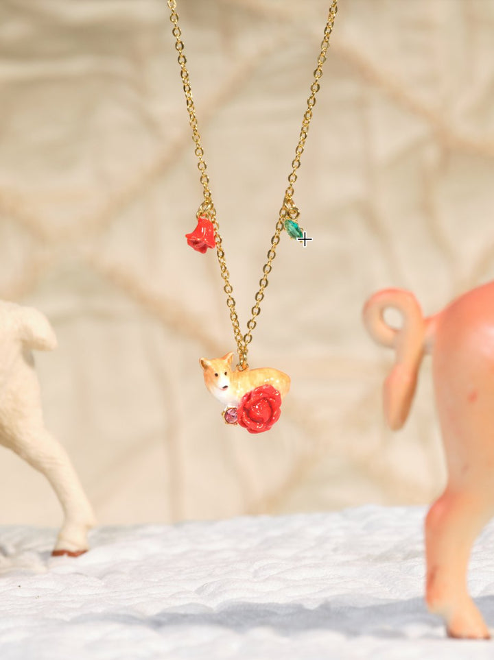 Corgi And Red Rose Pendant Necklace | ASLA3021 - Les Nereides