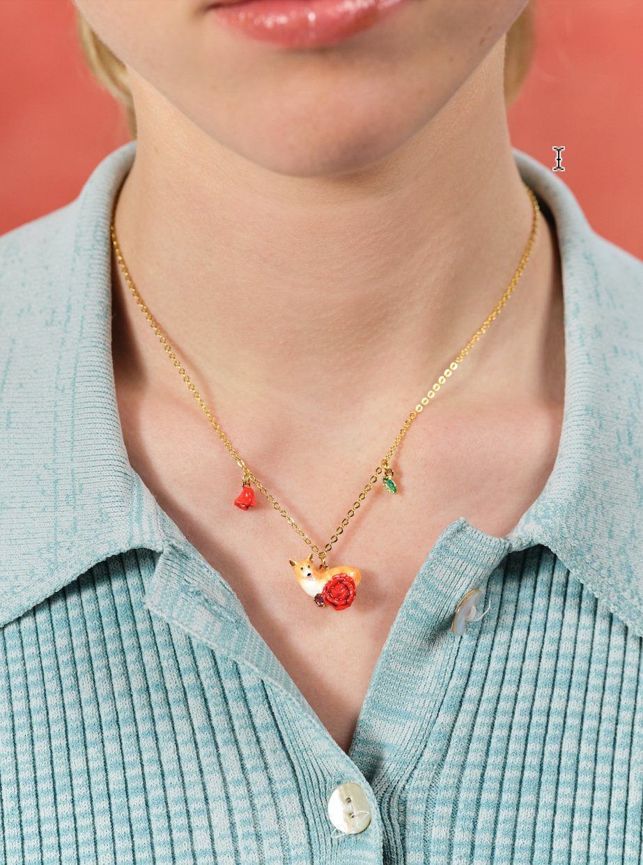 Corgi And Red Rose Pendant Necklace | ASLA3021 - Les Nereides