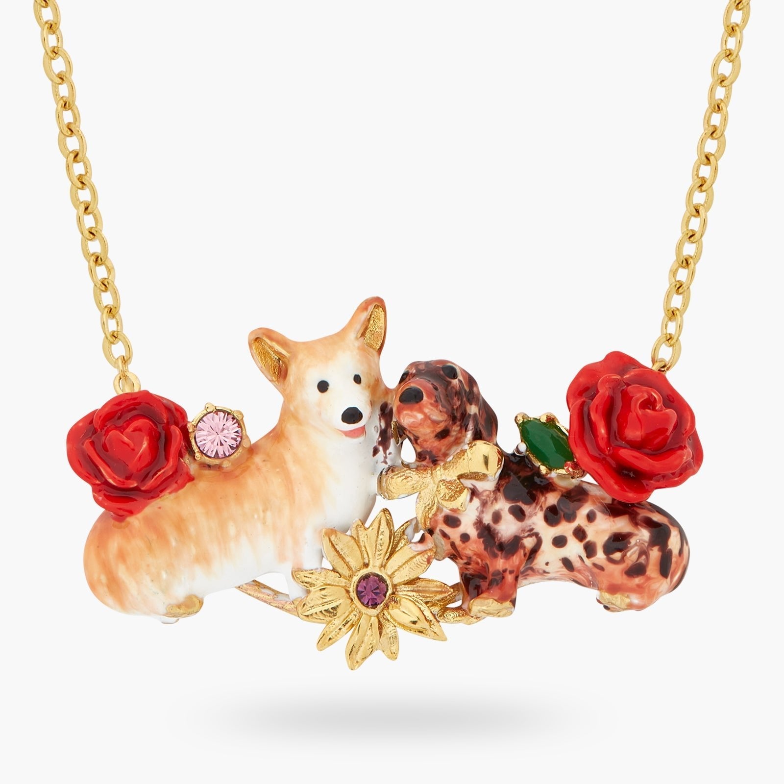 Corgi, Dachshund And Flower Statement Necklace | ASLA3011 - Les Nereides