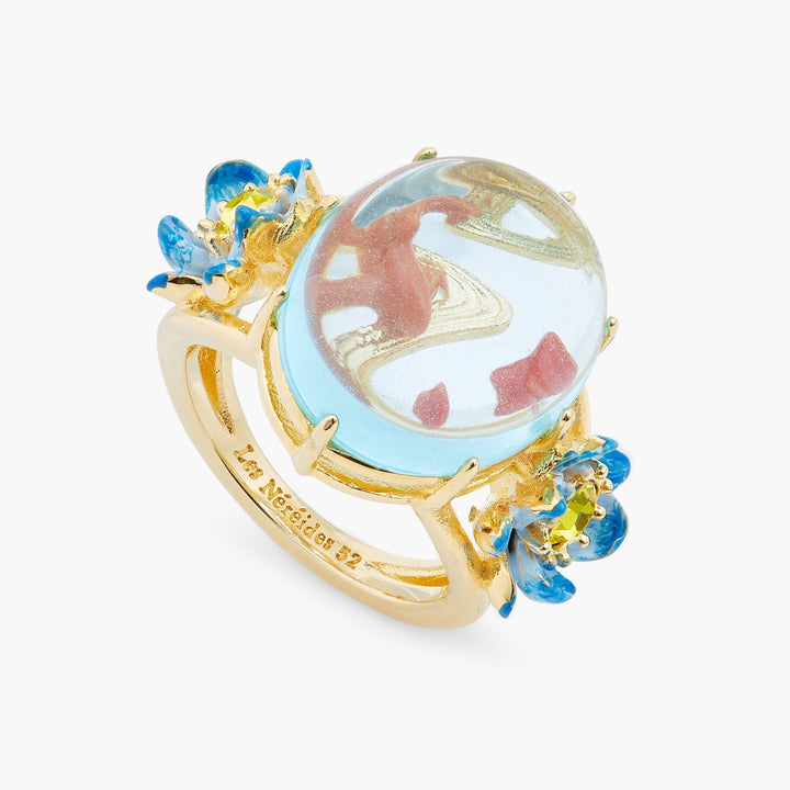 Crystal oval, koi fish and blue lotus cocktail ring ASOS60 – Les