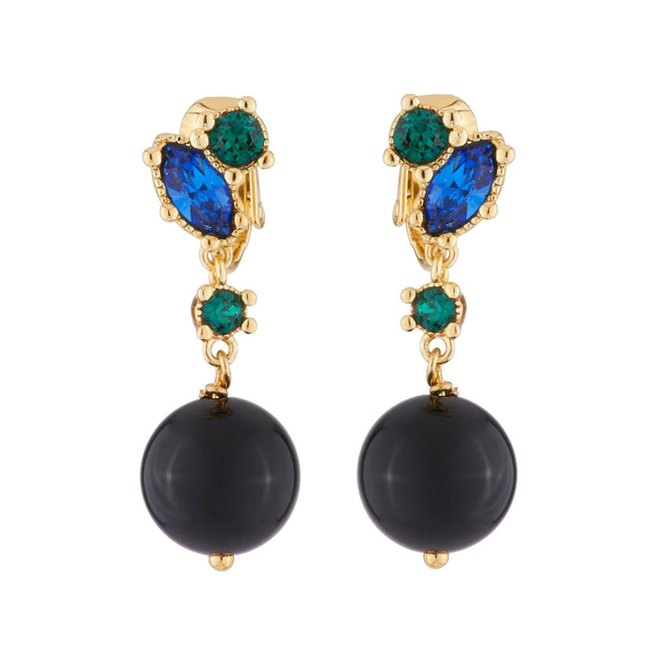 Dangling On With Onyx Pearl And Green And Blue Rhinestones Earrings | AJPF106 - Les Nereides