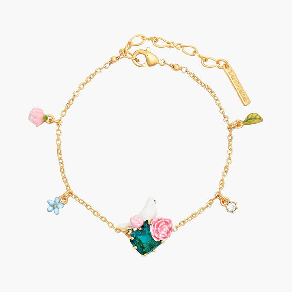 Dove And Peonies On Faceted Crystal Stone Thin Bracelet | ANLA2011 - Les Nereides
