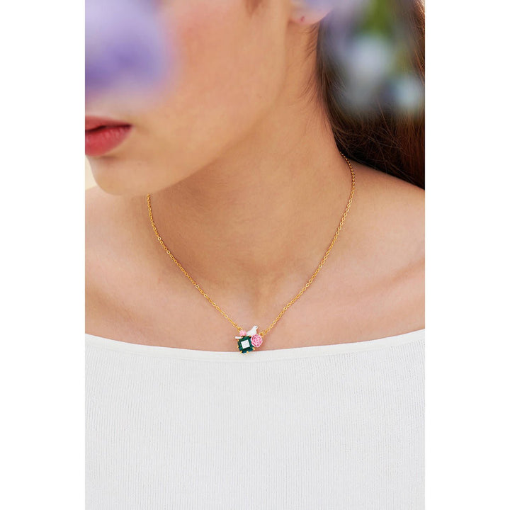 Dove And Peonies On Faceted Crystal Thin Necklace | ANLA3021 - Les Nereides