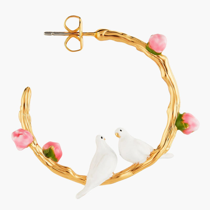 Dove Couple And Small Peonies Hoop Earrings | ANLA1041 - Les Nereides