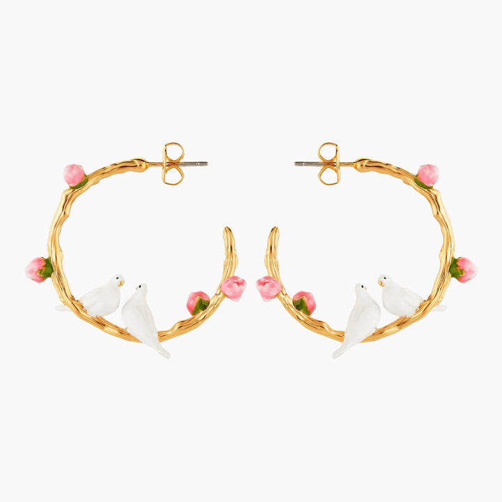 Dove Couple And Small Peonies Hoop Earrings | ANLA1041 - Les Nereides