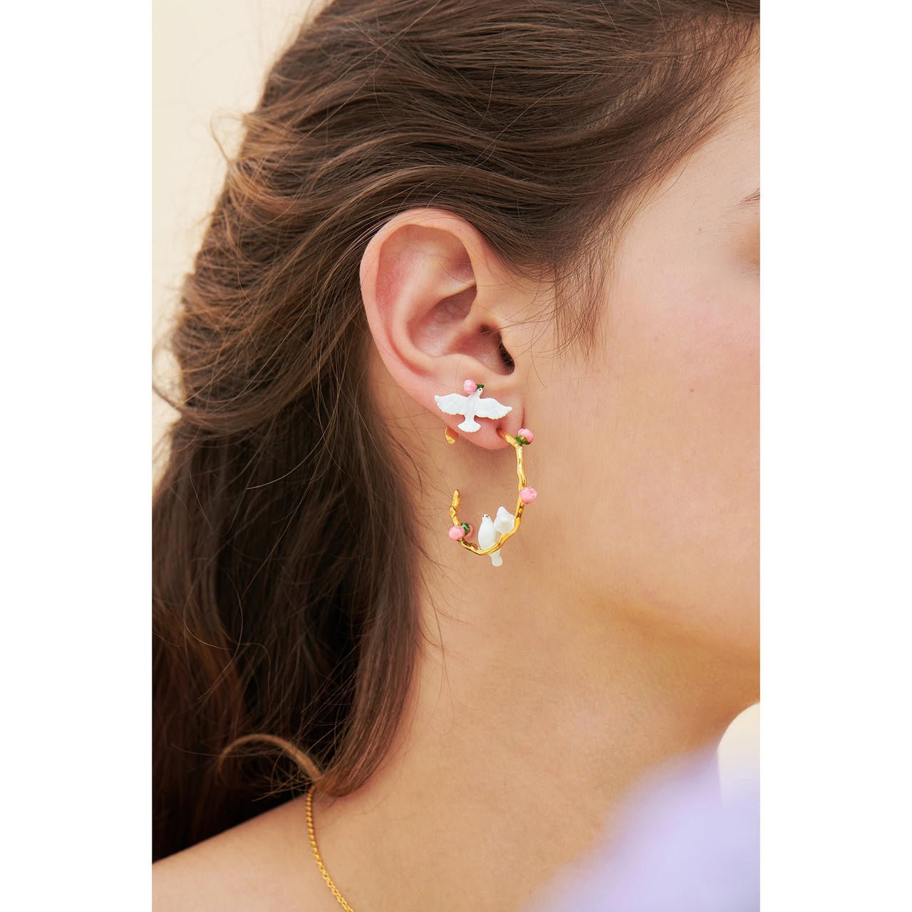 Dove Couple And Small Peonies Hoop Earrings | ANLA1041 - Les Nereides