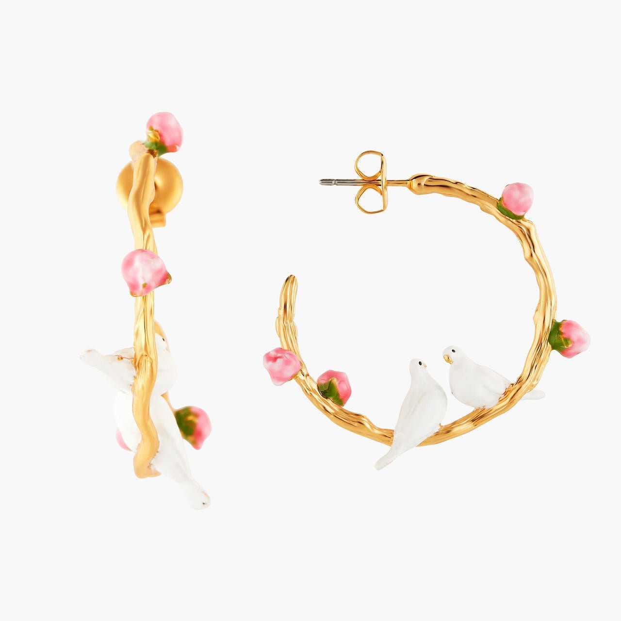 Dove Couple And Small Peonies Hoop Earrings | ANLA1041 - Les Nereides