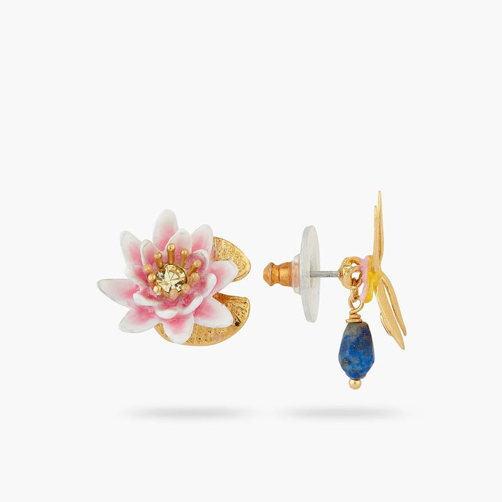 Dragonfly And Water Lily Asymmetrical Sleeper Earrings | AQJF1011 - Les Nereides