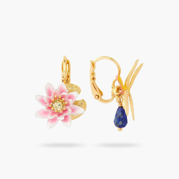 Dragonfly And Water Lily Asymmetrical Sleeper Earrings | AQJF1011 - Les Nereides