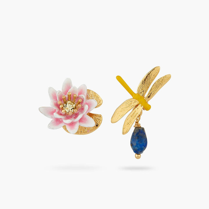 Dragonfly And Water Lily Asymmetrical Sleeper Earrings | AQJF1011 - Les Nereides