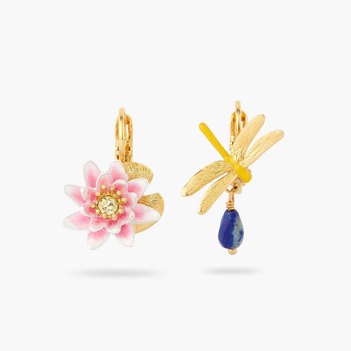 Dragonfly And Water Lily Asymmetrical Sleeper Earrings | AQJF1011 - Les Nereides