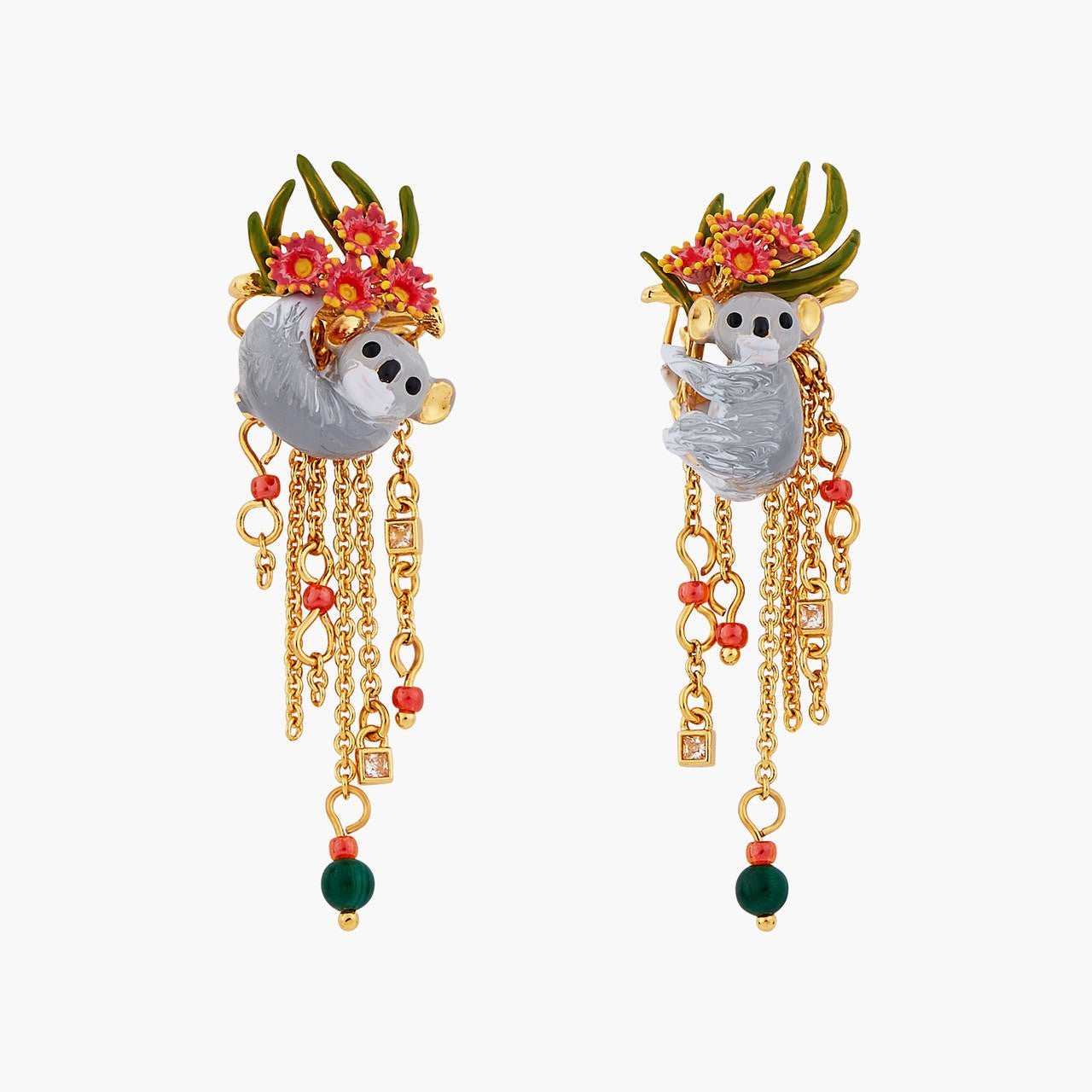 Duo Of Koalas, Pink Eucalyptus And Malachite Beads Sleeper Earrings | AOLA1061 - Les Nereides