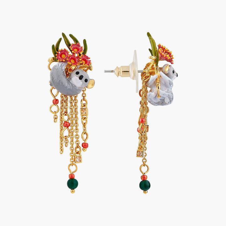 Duo Of Koalas, Pink Eucalyptus And Malachite Beads Sleeper Earrings | AOLA1061 - Les Nereides