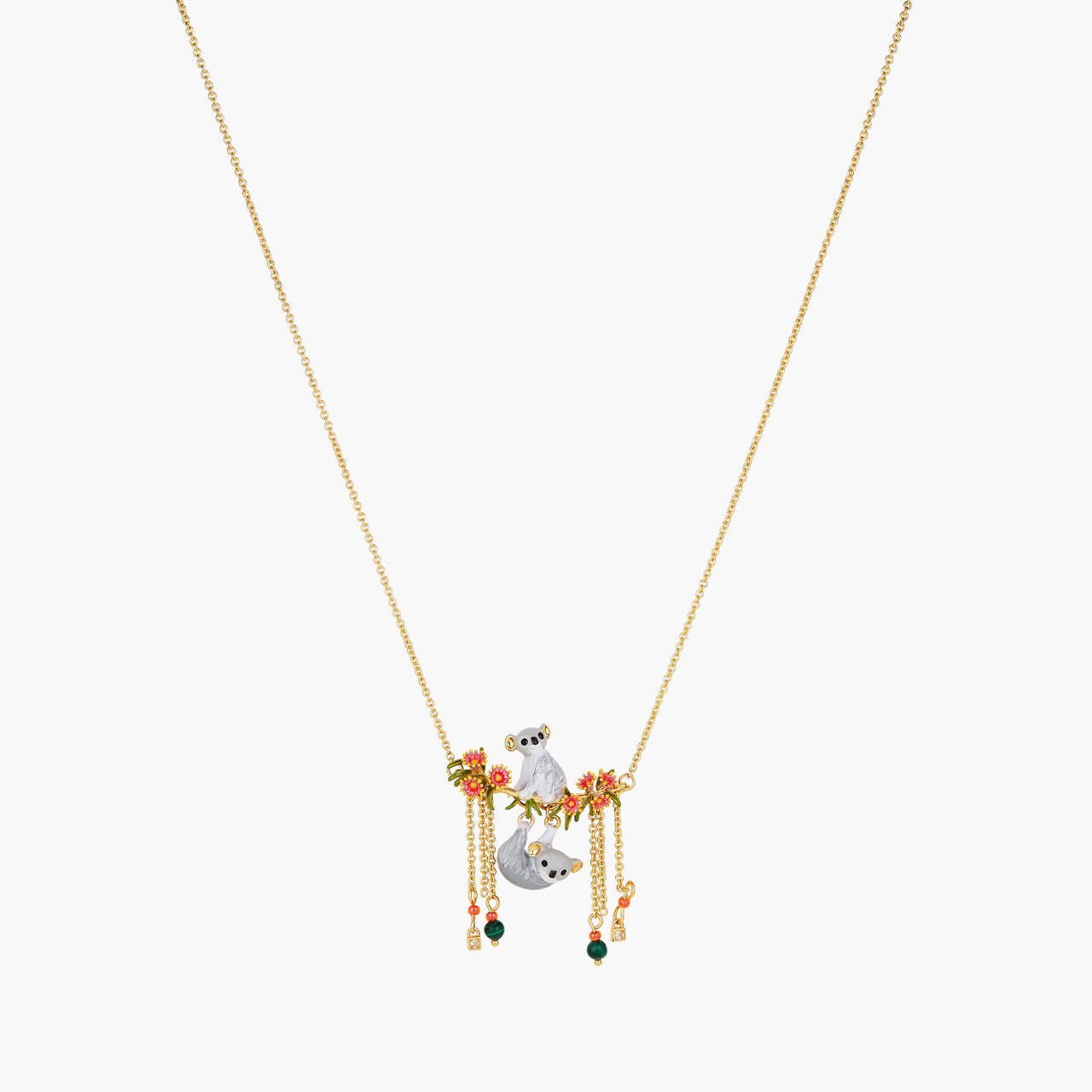 Duo Of Koalas, Pink Eucalyptus And Malachite Beads Statement Necklace | AOLA3031 - Les Nereides