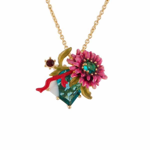 Eclatante Discrétion 2 Colored Crystal Stones W / Flower And Red Coral Necklace | AFED3081 - Les Nereides
