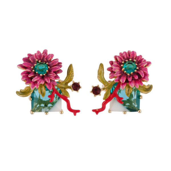 Eclatante Discrétion 3 Colored Crystal Stone W / Flower And Red Coral Earrings | AFED1071 - Les Nereides