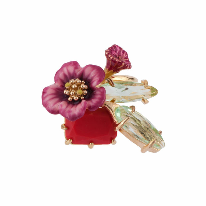 Eclatante Discrétion Coral Crystal Stone With Pink Flower & Crystal Stone Wings Rings | AFED6091 - Les Nereides