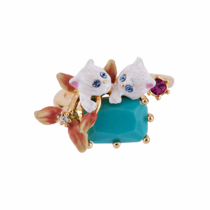 Eclatante Discrétion Turquoise Crystal Stone , Leaves & White Cats Rings | AFED6101 - Les Nereides