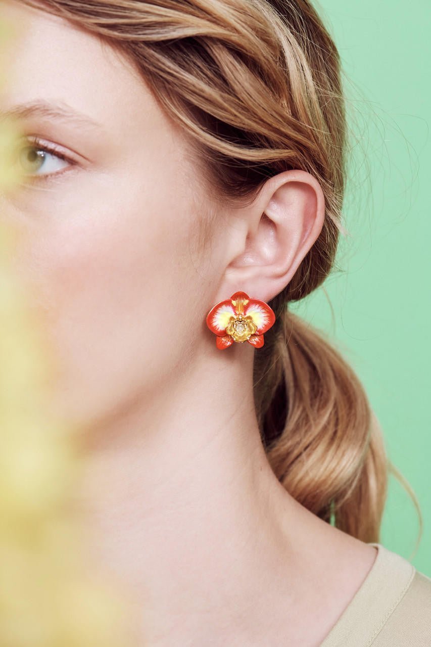 Elephant'S Ear Orchid And Crystal Heart Earrings | AOOC1051 - Les Nereides