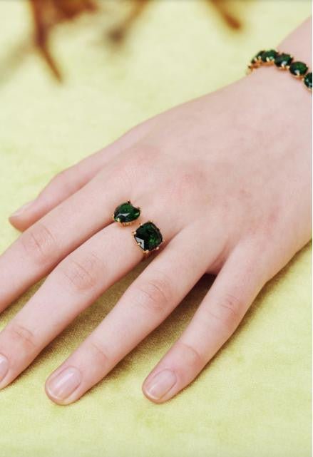 Emerald Green Oval Stone Diamantine Adjustable You And Me Ring | AOLD6181 - Les Nereides