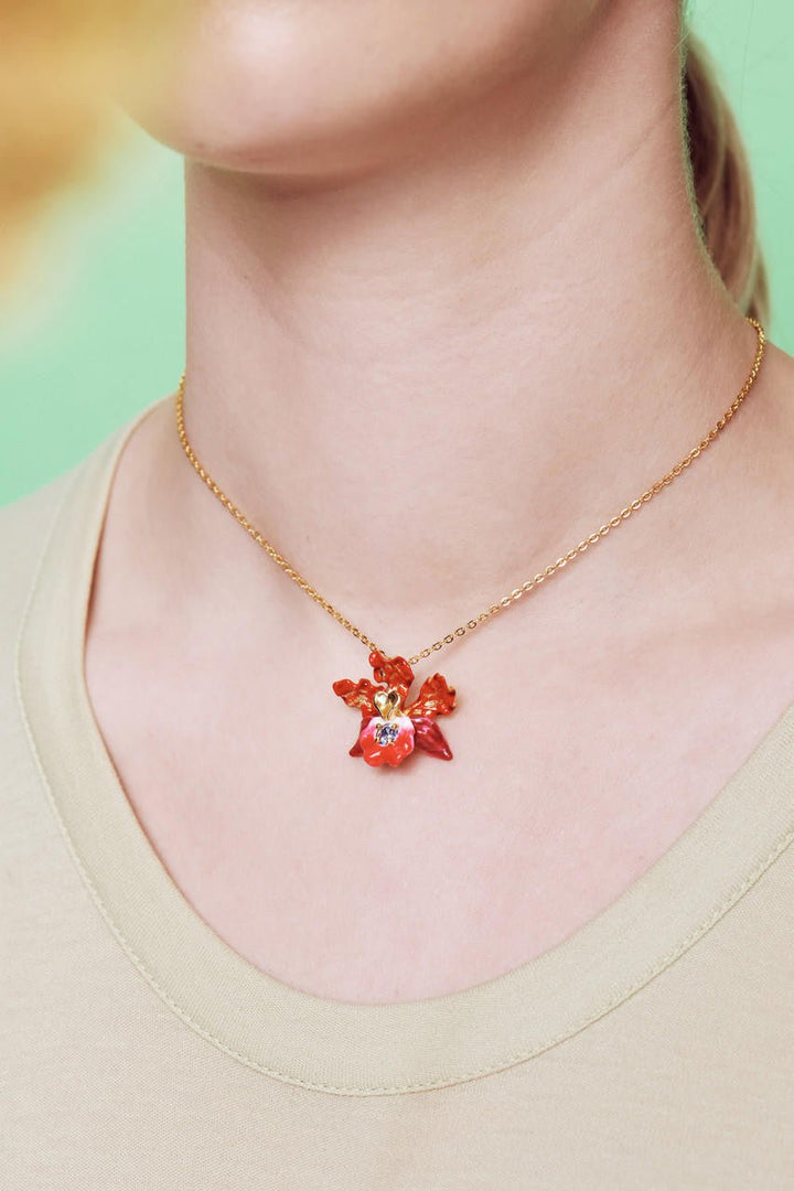 Exotic Orchid Flowers And Faceted Crystal Pendant Necklace | AOOC3061 - Les Nereides