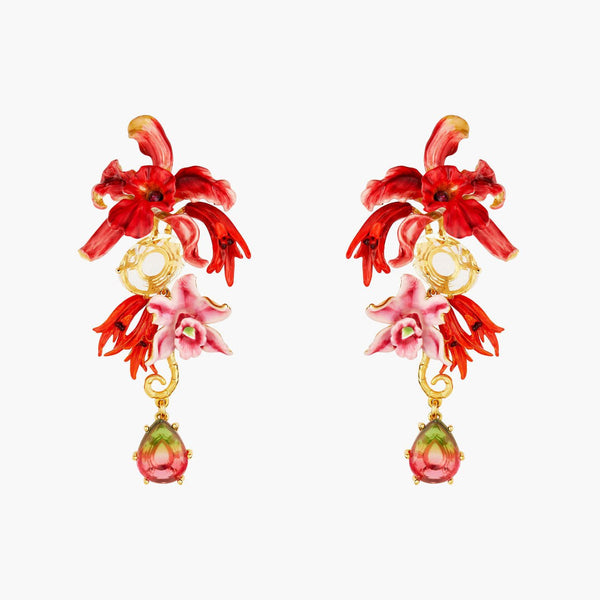 Exotic Orchids And Multicolour Stones Pendant Post Earrings | AOOC1071 - Les Nereides