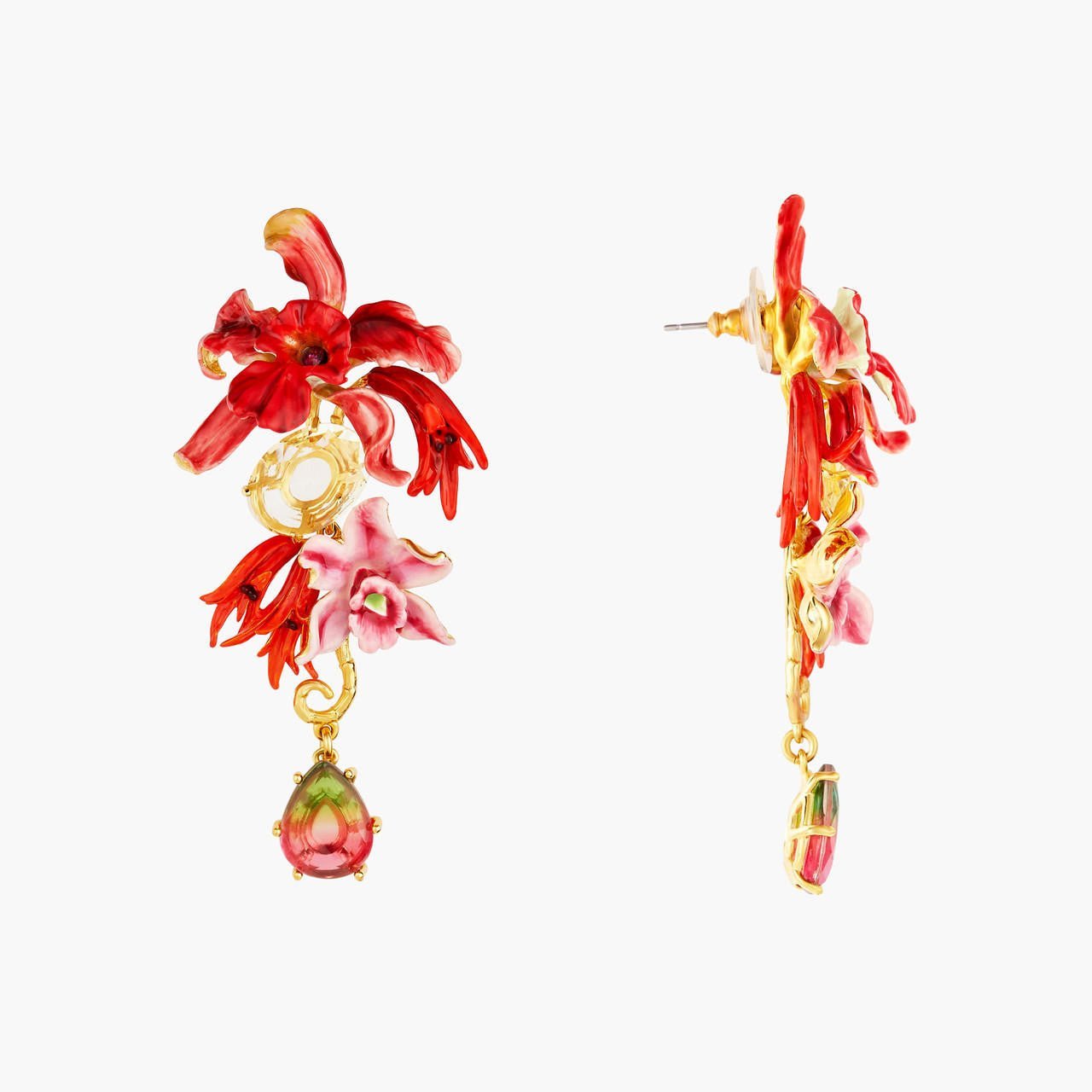 Exotic Orchids And Multicolour Stones Pendant Post Earrings | AOOC1071 - Les Nereides