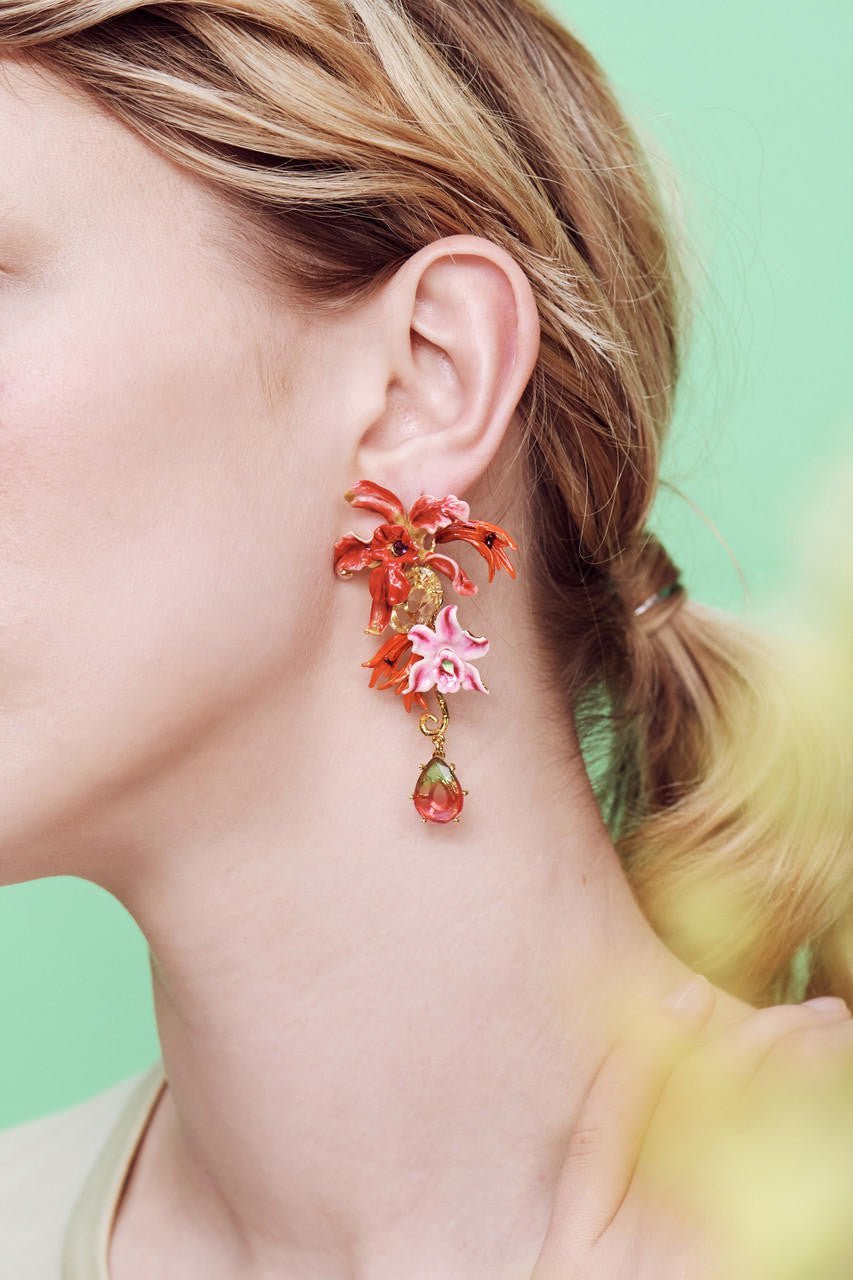 Exotic Orchids And Multicolour Stones Pendant Post Earrings | AOOC1071 - Les Nereides