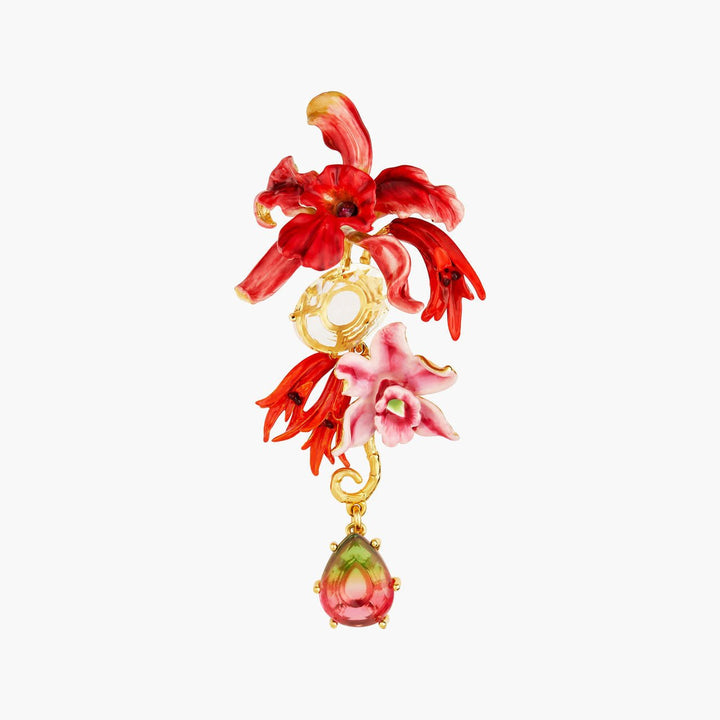 Exotic Orchids And Multicolour Stones Pendant Post Earrings | AOOC1071 - Les Nereides