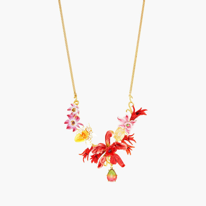 Exotic Orchids And Multicolour Stones Statement Necklace | AOOC3051 - Les Nereides