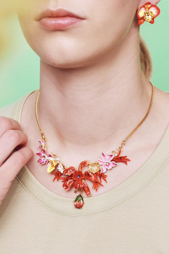 Exotic Orchids And Multicolour Stones Statement Necklace | AOOC3051 - Les Nereides