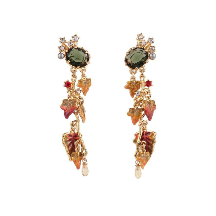 Feuilles D'Automne Green Crystal Stone And Falling Leaves Earrings | ACFA1041 - Les Nereides