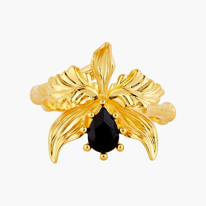 Flamboyant Orchid And Faceted Crystal Stone Adjustable Ring | AOOC6051 - Les Nereides