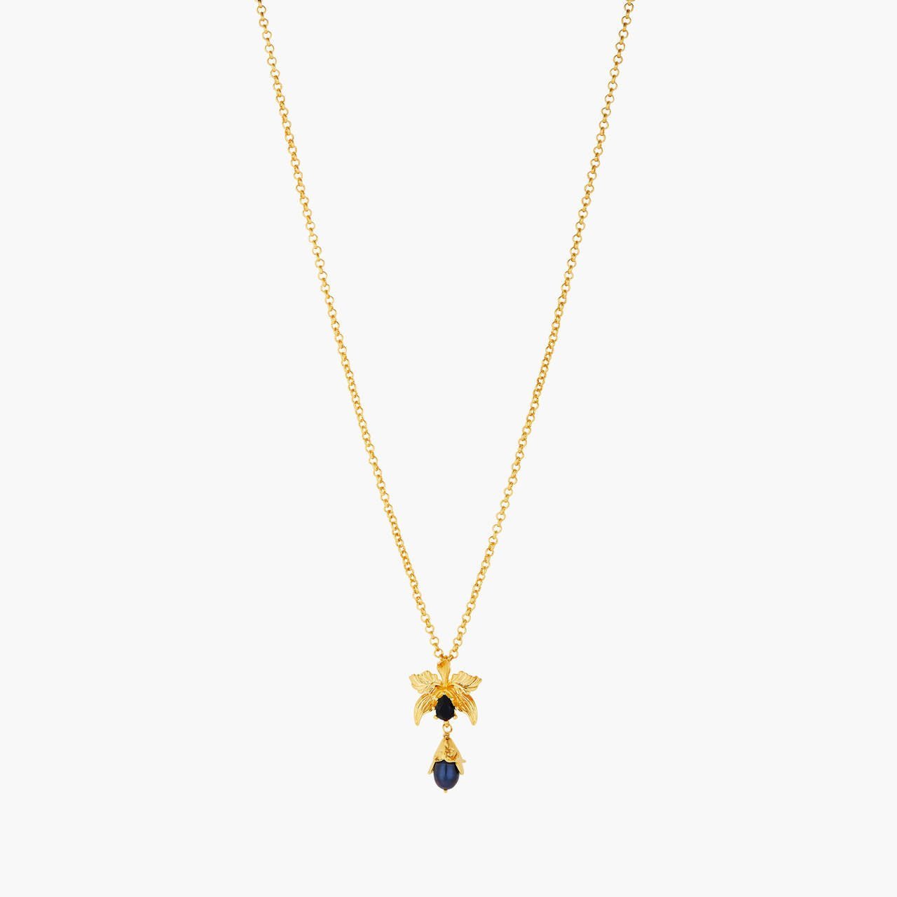 Flamboyant Orchid, Cut Crystals And Black Freshwater Pearls Pendant Necklace | AOOC3081 - Les Nereides