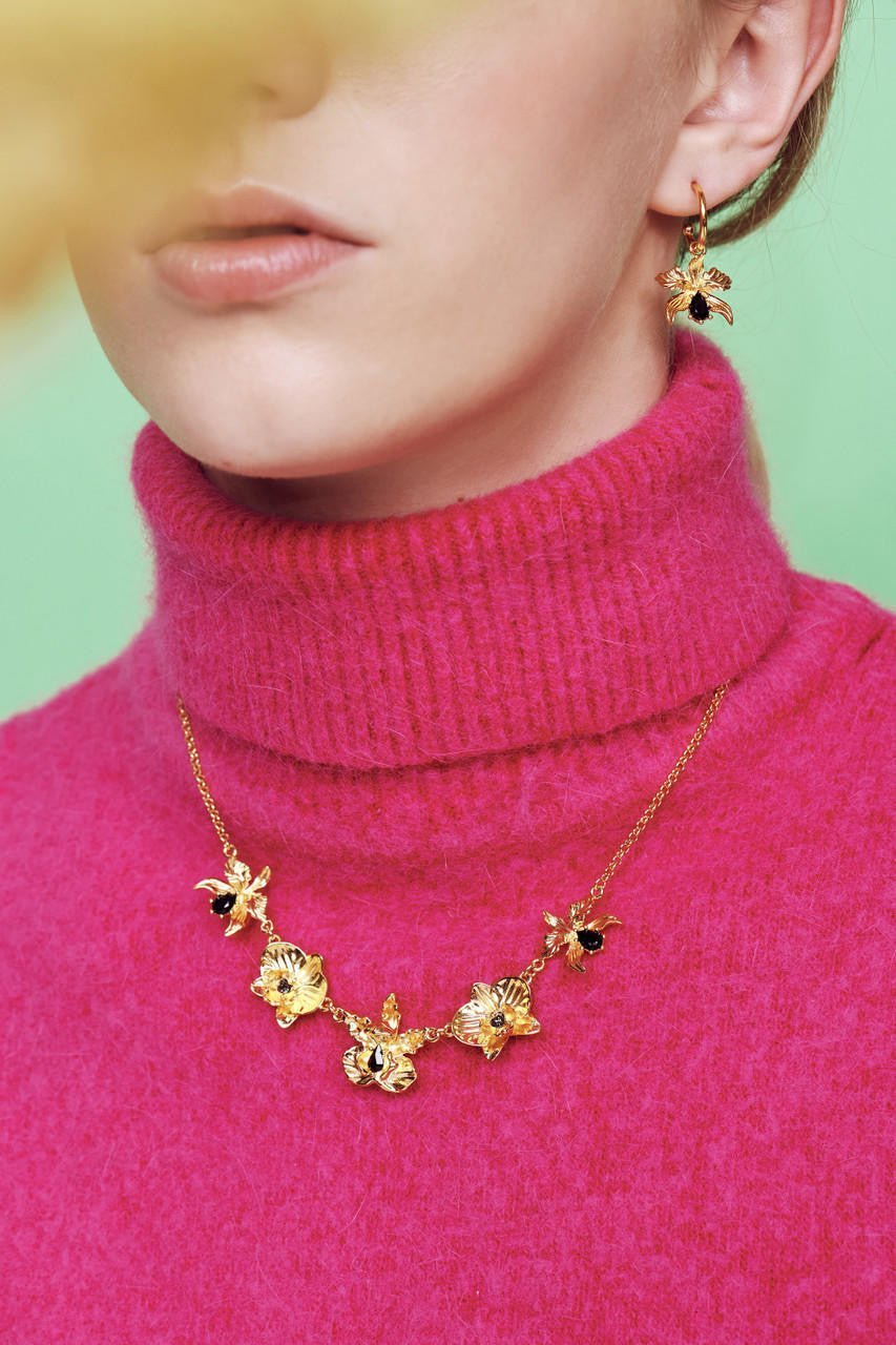 Flamboyant Orchids And Cut Crystals Statement Necklace | AOOC3121 - Les Nereides