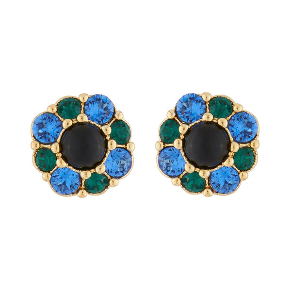 Flower With Blue And Green Rhinestone Earrings | AJPF109 - Les Nereides