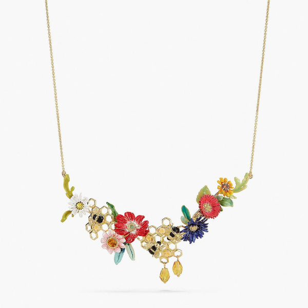 Flowers And Bees On Honeycomb Statement Necklace | APPM3021 - Les Nereides