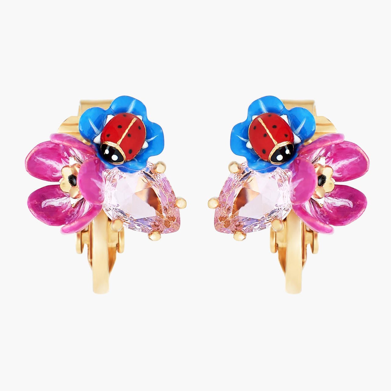 Flowers And Ladybirds Faceted Crystal Petal Earrings | ANBM1041 - Les Nereides