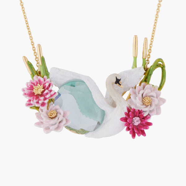 Flying Swan Among Water Lilies On A Blue Stone Collar Necklace | AKCY304 - Les Nereides