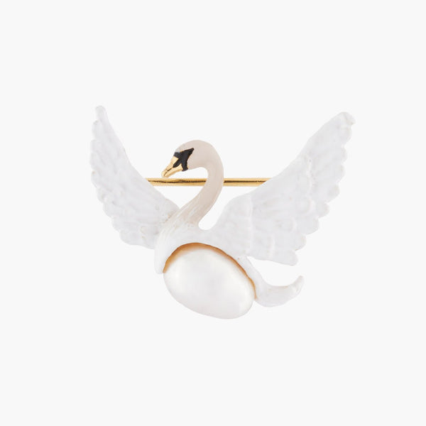 Flying White Swan And Pearl Brooch Brooch | Akcy5011 - Les Nereides