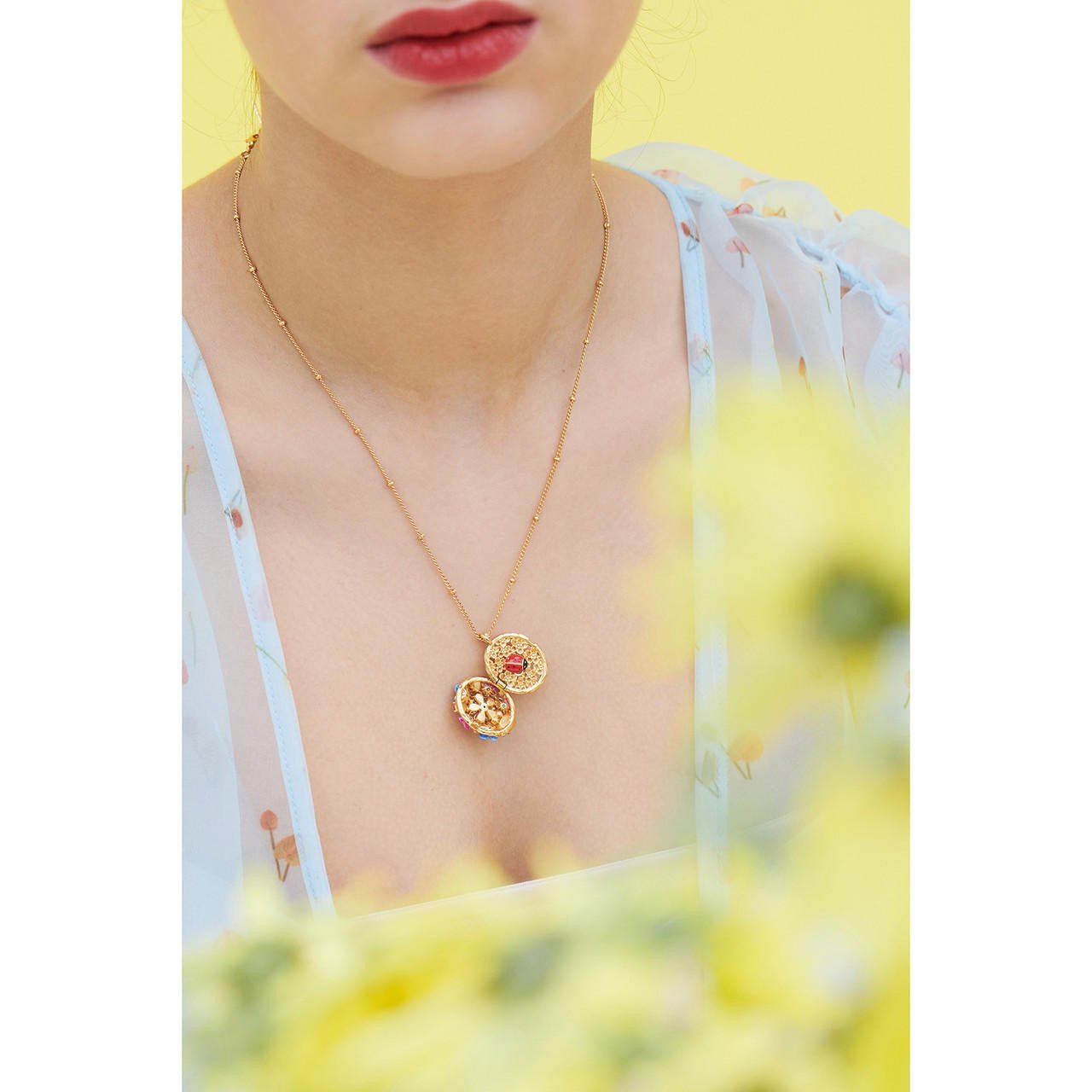 Forget - Me - Not Rosebuds And Ladybird Hidden Secret Medallion Necklace | ANBM3041 - Les Nereides